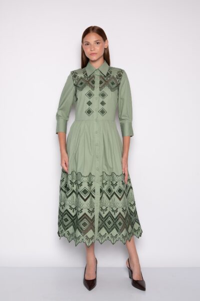 Vestido Midi Bordado 100% Algodão Verde Claro - Pietra