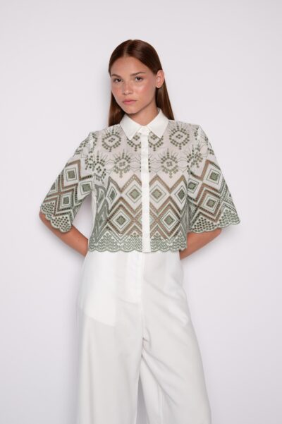 Camisa Cropped Bordada Verde Off White - Cristina