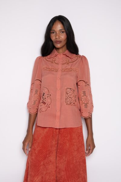 Camisa Bordada Com Manga 7/8 Rosa Vintage - Cíntia