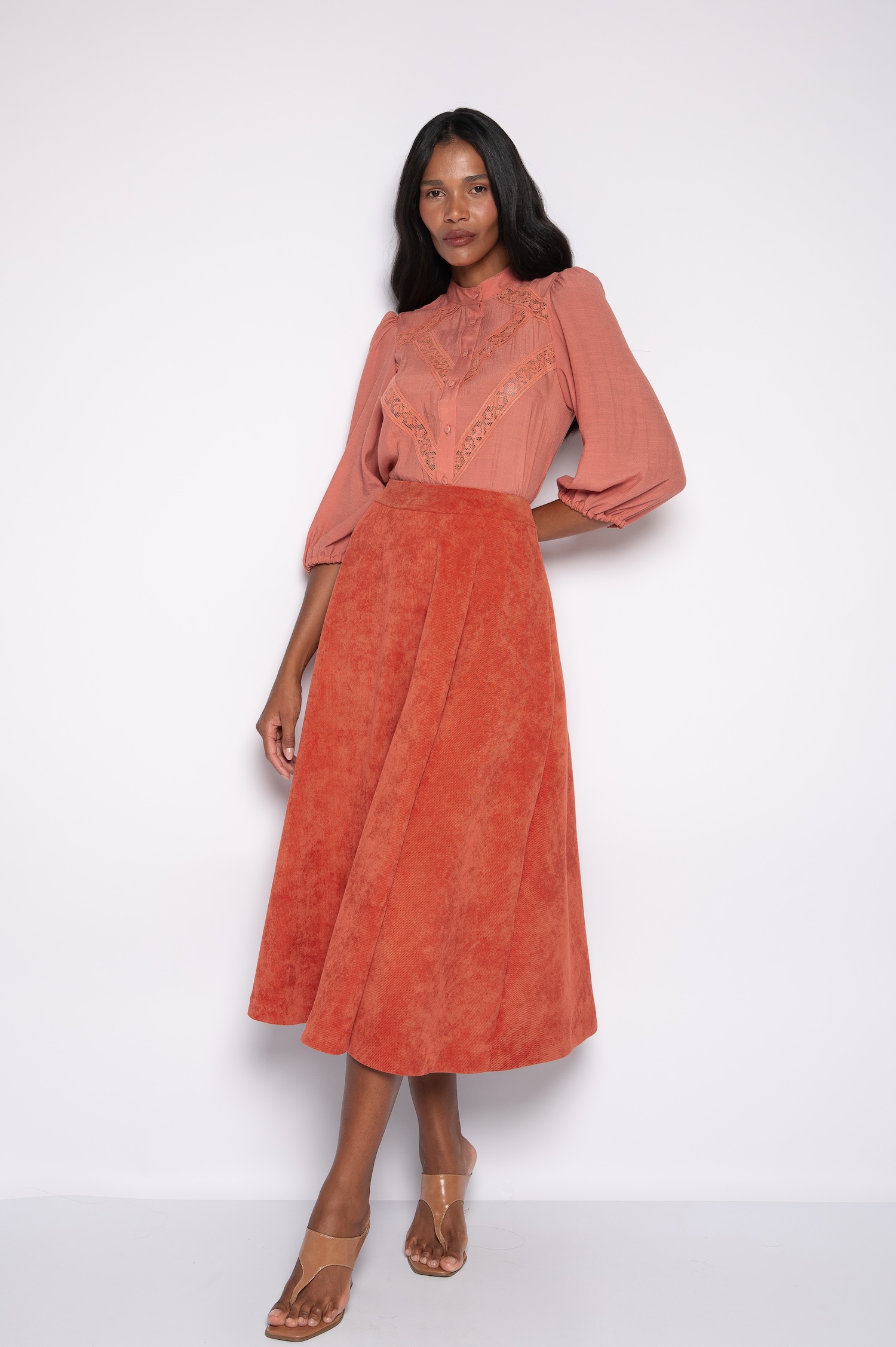 Saia Midi Godê Urucum - Rebeca