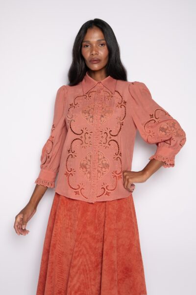 Camisa Bordada Com Manga Bufante Rosa Vintage - Carol