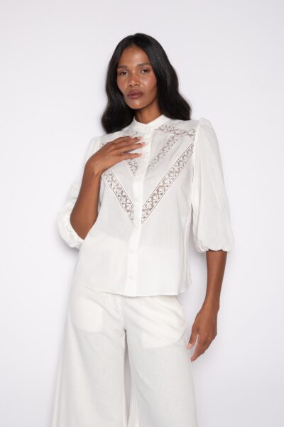 Camisa Bordada Com Manga 3/4 Off White - Zélia