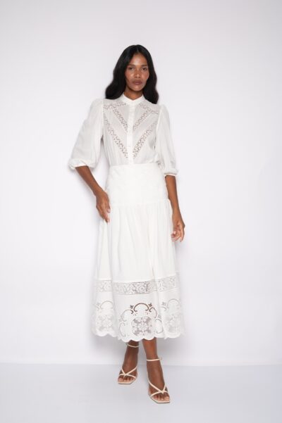 Saia Midi Franzida Bordada Off White - Tainá