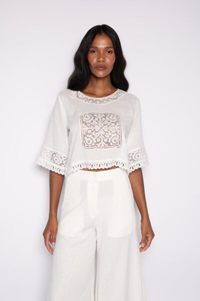 Blusa Cropped Bordada Off White - Alice