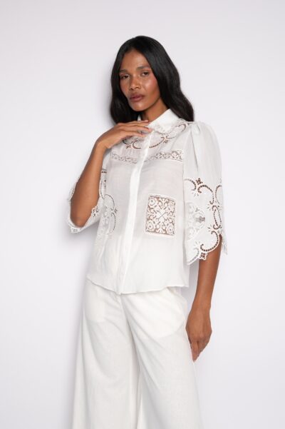 Camisa Bordada Com Manga 7/8 Off White - Cíntia