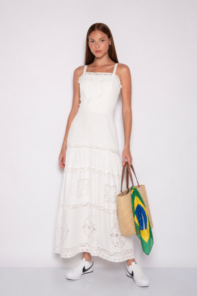 Vestido Longo Bordado com Alças e Nervuras Off White - Vilma