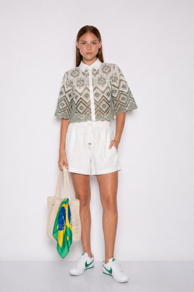 Camisa Cropped Bordada Verde Off White - Cristina