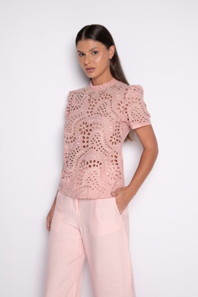 Blusa Bordada Manga Curta Rosa- Carol