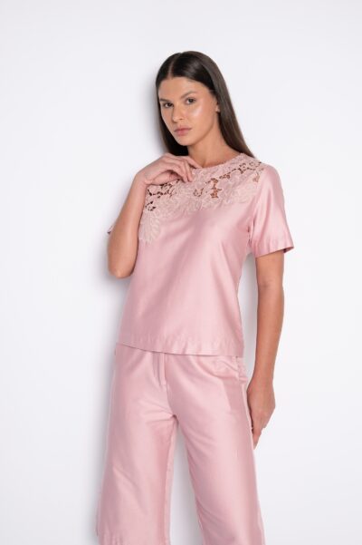 Blusa Bordada 100% Algodão Com Manga Curta Rosa - Conceição