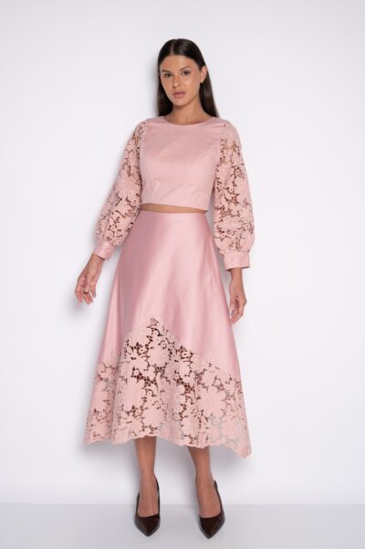 Saia Midi Bordada Rosa - Rúbia