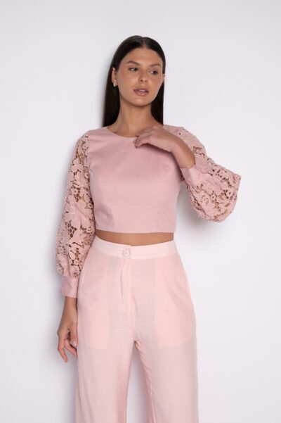 Blusa Cropped Bordada 100% Algodão Rosa - Alessandra