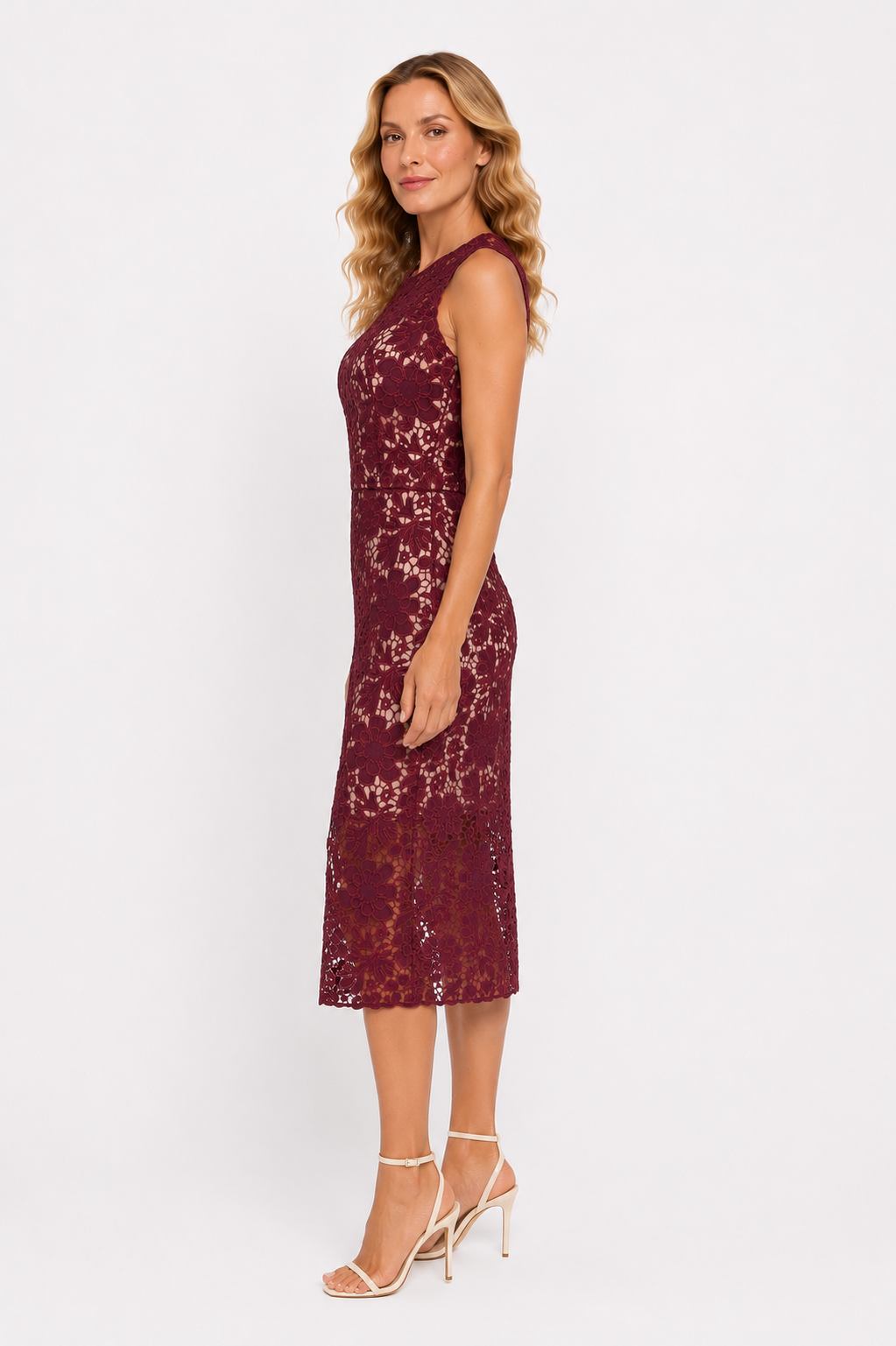 Vestido Midi Reto Bordado Cavado Vinho - Isadora - Imagem 4