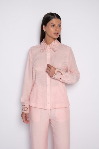 Camisa Bordada com Nervuras Frontais Rosa - Ruth
