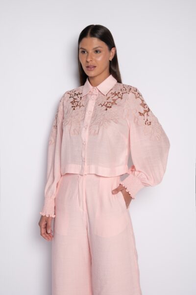 Camisa Cropped Bordada Com Manga Bufante Rosa - Zilma