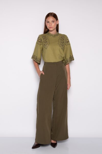 Calça Pantalona com Bolsos Laterais Verde Oliva - Mirtes
