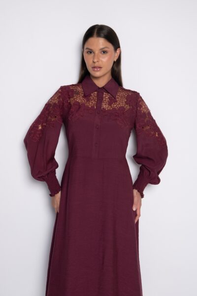 Vestido Midi Bordado com Mangas Bufantes Vinho - Vanusa