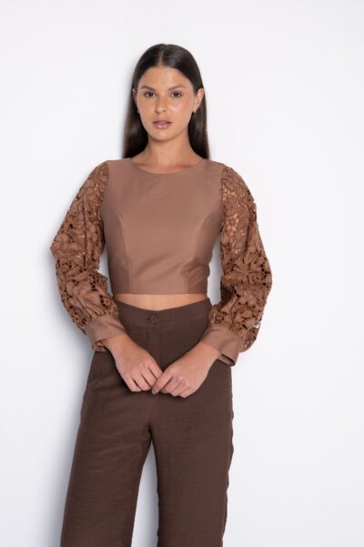 Blusa Cropped Bordada 100% Algodão Marrom - Alessandra