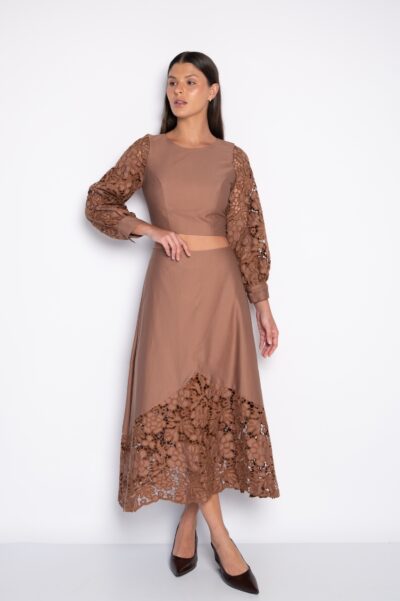 Saia Midi Bordada 100% Algodão Marrom - Rúbia