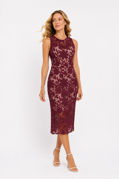 Vestido Midi Reto Bordado Cavado Vinho - Isadora