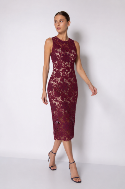 Vestido Midi Reto Bordado Cavado Vinho - Isadora