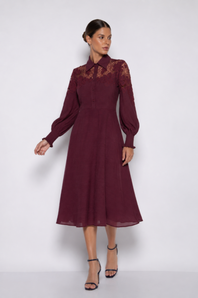 Vestido Midi Bordado com Mangas Bufantes Vinho - Vanusa
