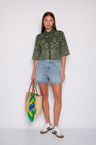 Camisa Cropped Bordada Verde Escuro - Cristina