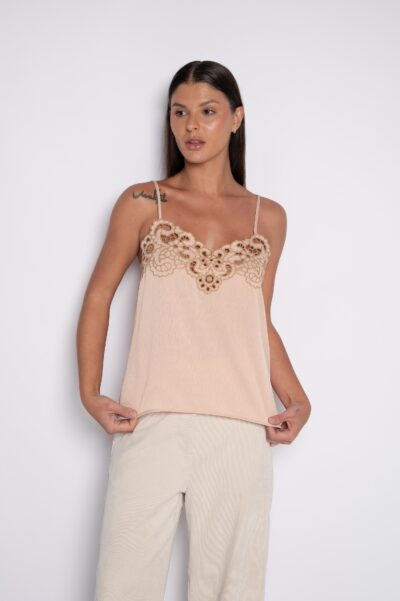 Blusa de Alças Finas com Bordado Delicado Bege - Natalia