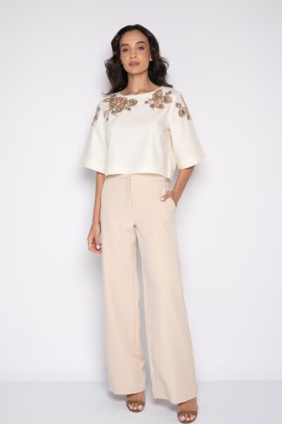 Blusa Cropped Bordada Creme - Andréia