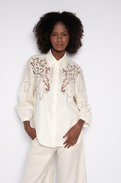 Camisa Bordada Com Mangas Bufante 100% Algodão Creme - Cinara