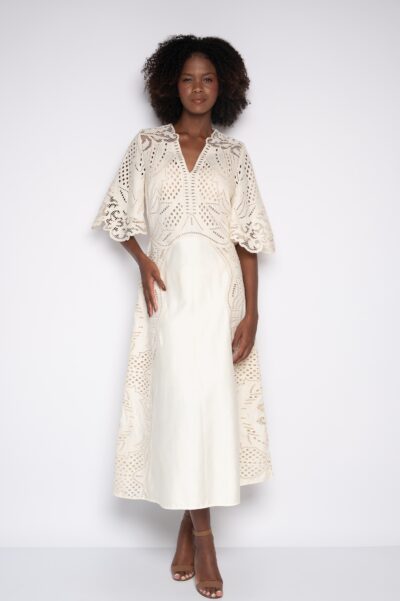 Vestido Midi Bordado Com Decote V Creme - Thalia