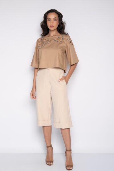 Blusa Cropped Bordada 100% Algodão Caqui - Andréia