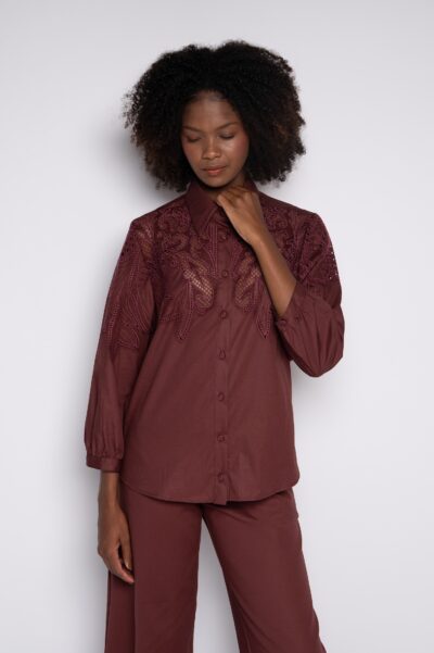 Camisa Bordada Com Mangas Bufante 100% Algodão Vinho Berry - Cinara