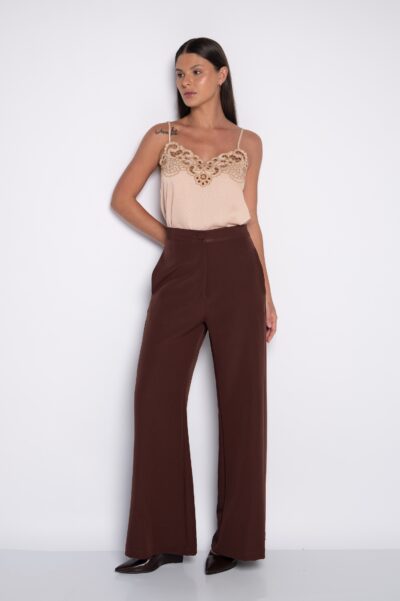 Calça Pantalona com Bolsos Laterais Marrom - Mirtes