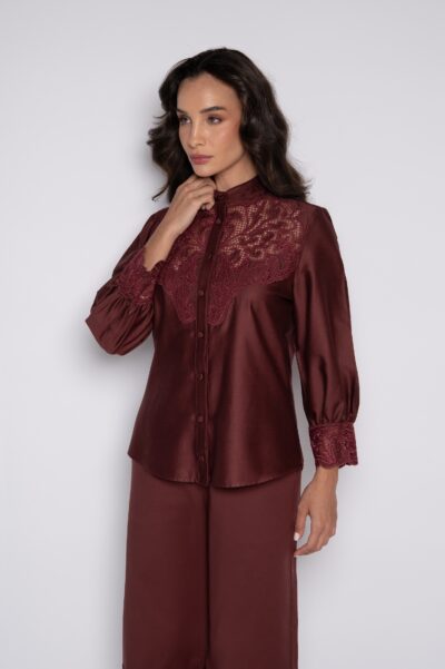 Camisa Bordada Com Mangas 3/4 Vinho Berry - Stella
