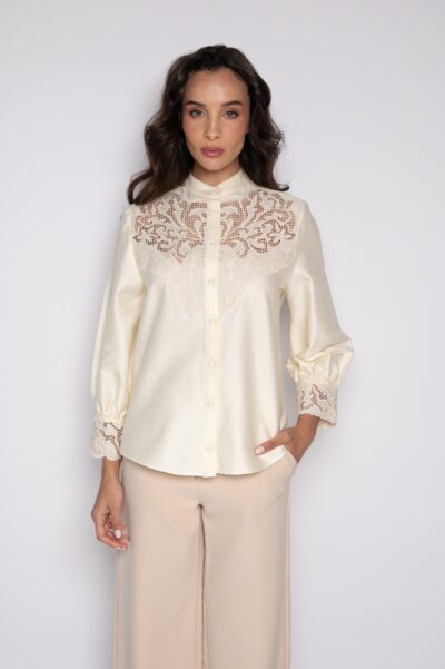 Camisa Bordada Com Mangas 3/4 Creme - Stella
