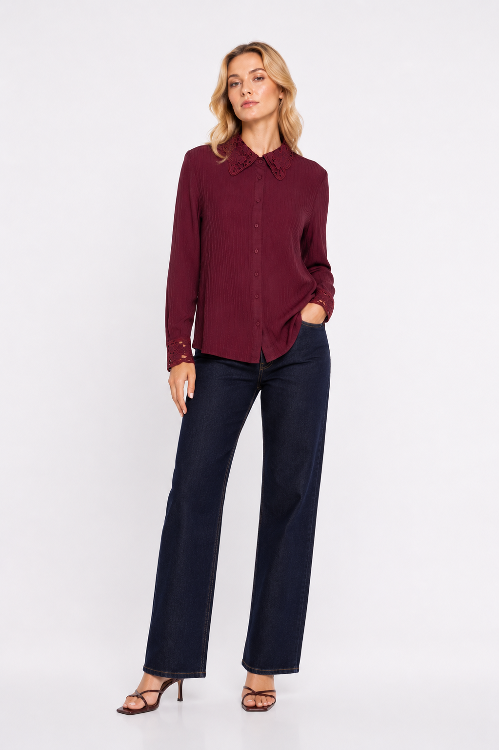 Camisa Bordada com Nervuras Frontais Vinho - Ruth - Imagem 2