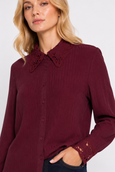 Camisa Bordada com Nervuras Frontais Vinho - Ruth