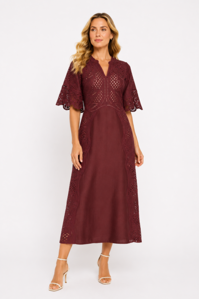 Vestido Midi Bordado Com Decote V Vinho Berry - Thalia