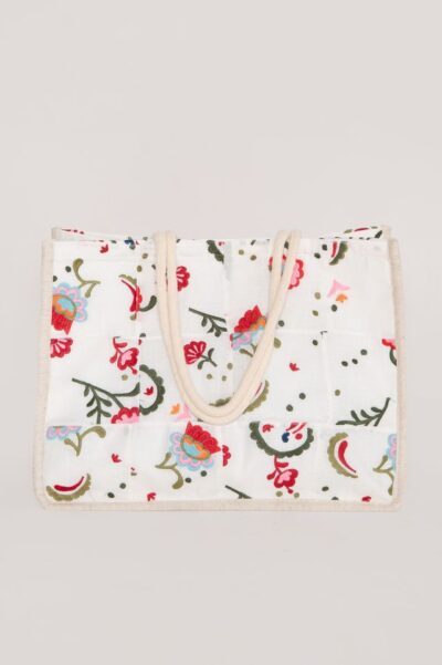 Bolsa Em Patchwork 100% Algodão Com bordado Colorido - Off White