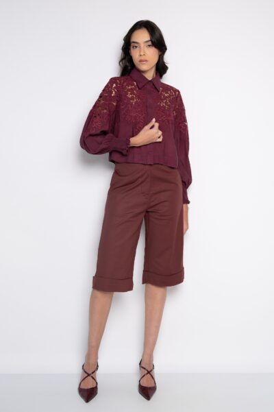 Camisa Cropped Bordada Com Manga Bufante Figo - Zilma
