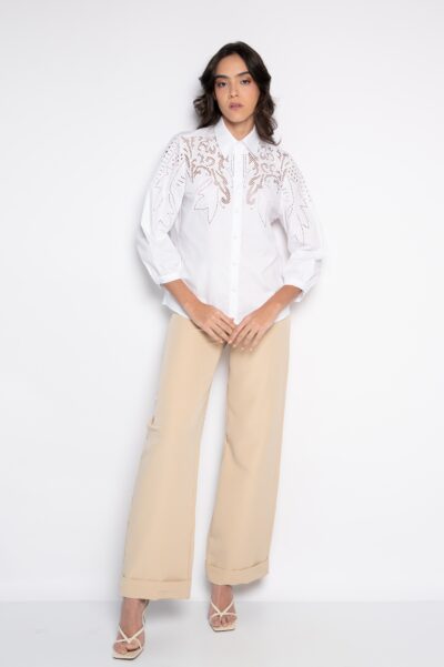 Camisa Bordada Com Mangas Bufante Branca - Cinara