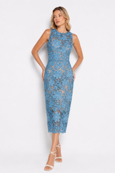 Vestido Midi Reto Bordado Cavado Jeans - Isadora