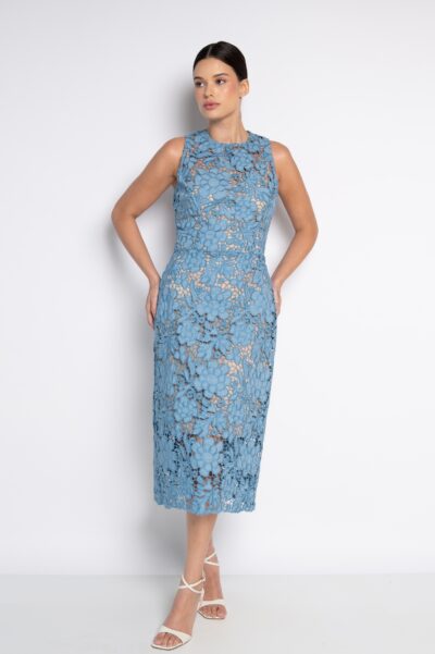 Vestido Midi Reto Bordado Cavado Jeans - Isadora