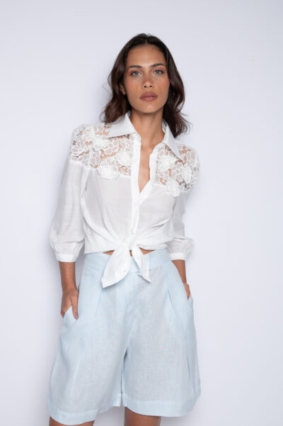 Camisa Bordada Com Mangas 3/4 Off White - Cíntia