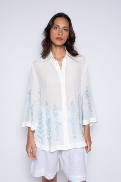 Camisa Bordada Off White/Azul - Priscila