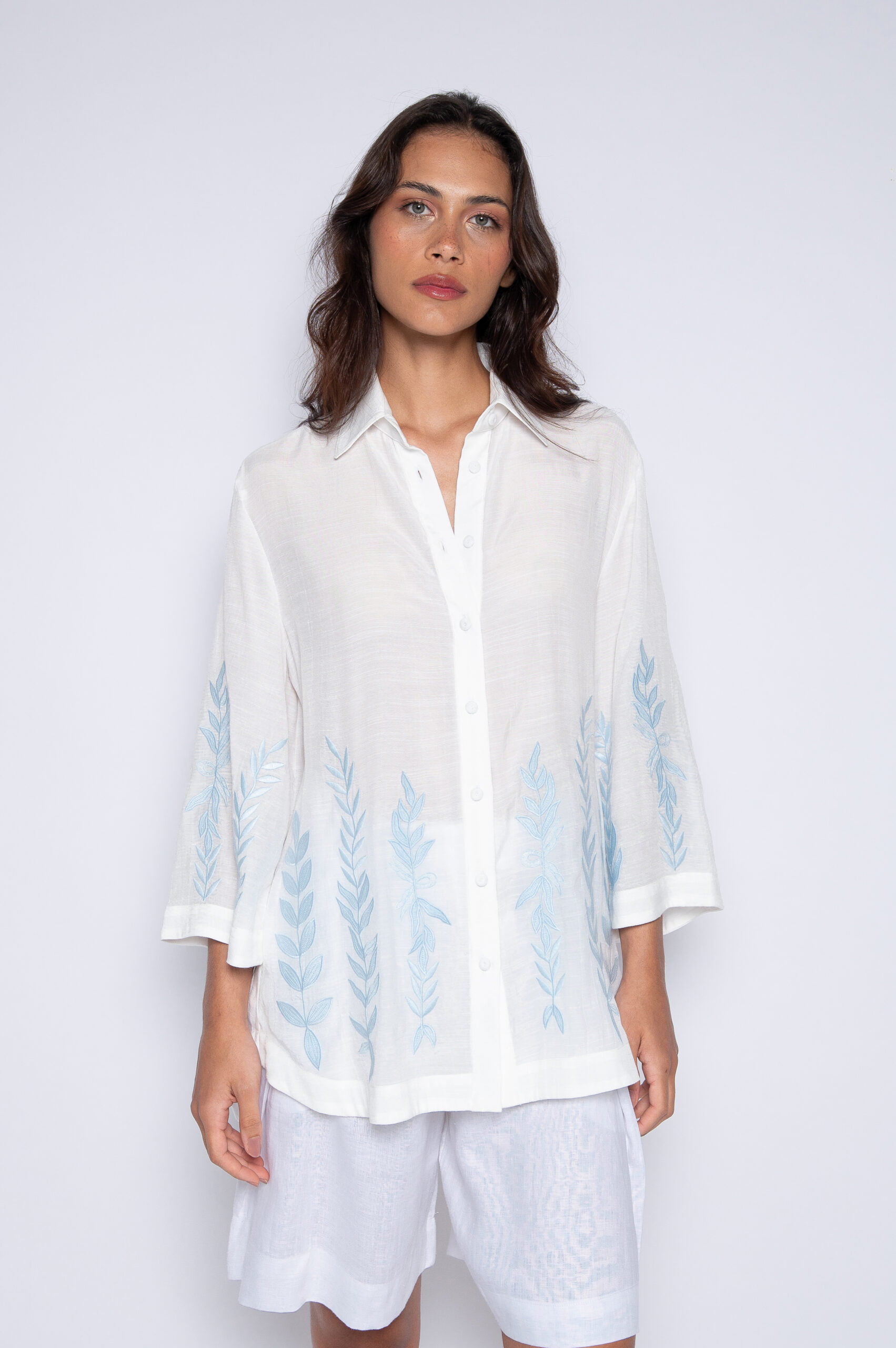 Camisa Bordada Off White/Azul - Priscila