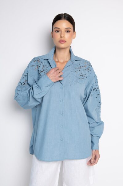 Camisa Oversized Bordada Jeans Lavagem Clara - Sabrina