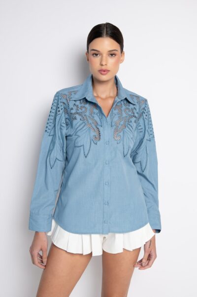 Camisa Bordada Com Mangas Bufante Jeans Lavagem Clara- Cinara