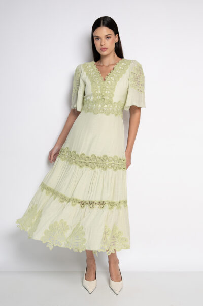 Vestido Midi Bordado Com Decote V Verde- Eduarda