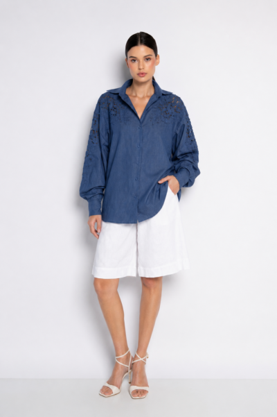 Camisa Oversized Bordada Jeans Lavagem Escura - Sabrina